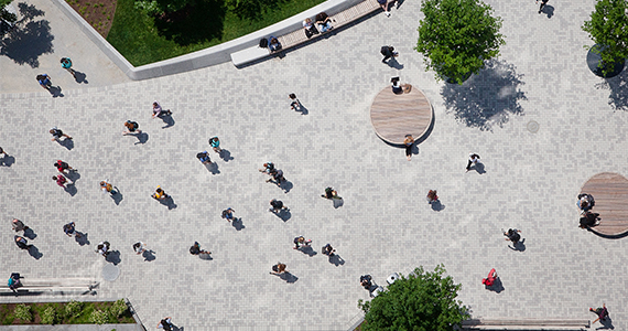 Overhead view of students walking across the Drexel quad